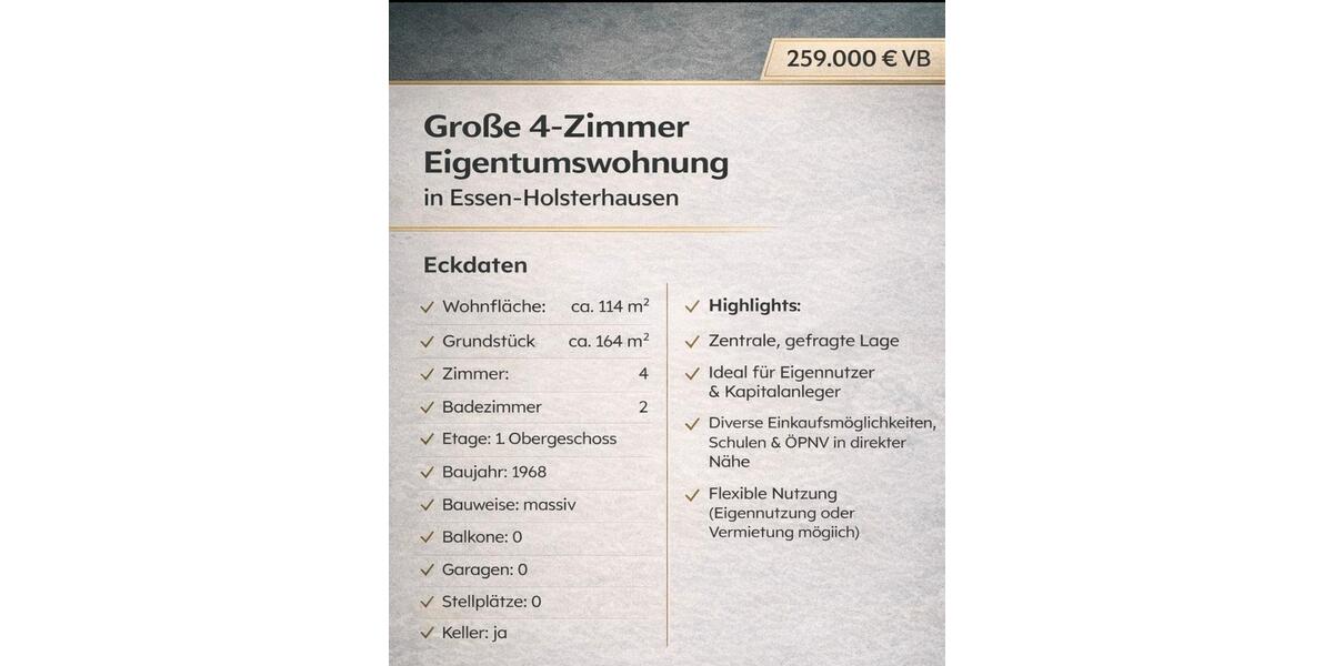 Etagenwohnung Essen Stadtbezirk III - 4 Zimmer, 114 m&sup2;, 255.000&euro; | Angebot:25948313
