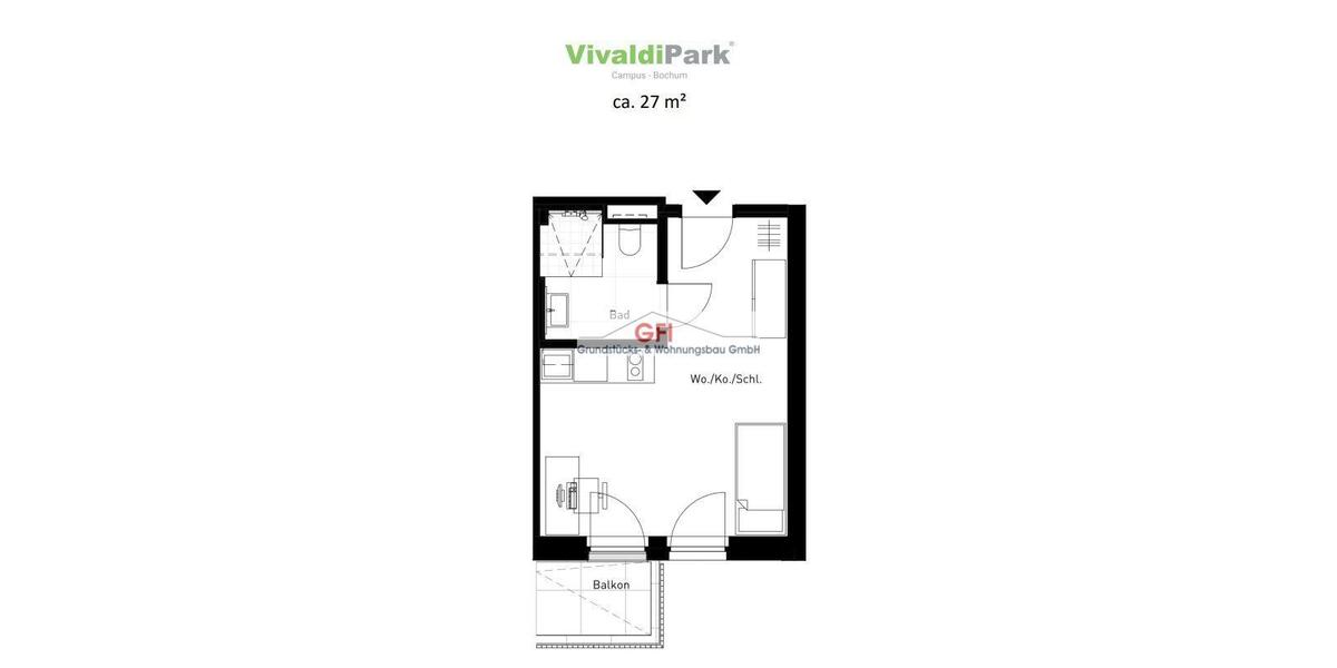 Etagenwohnung Bochum Laer - 1 Zimmer, 27 m&sup2;, 490&euro; | Angebot:24473990