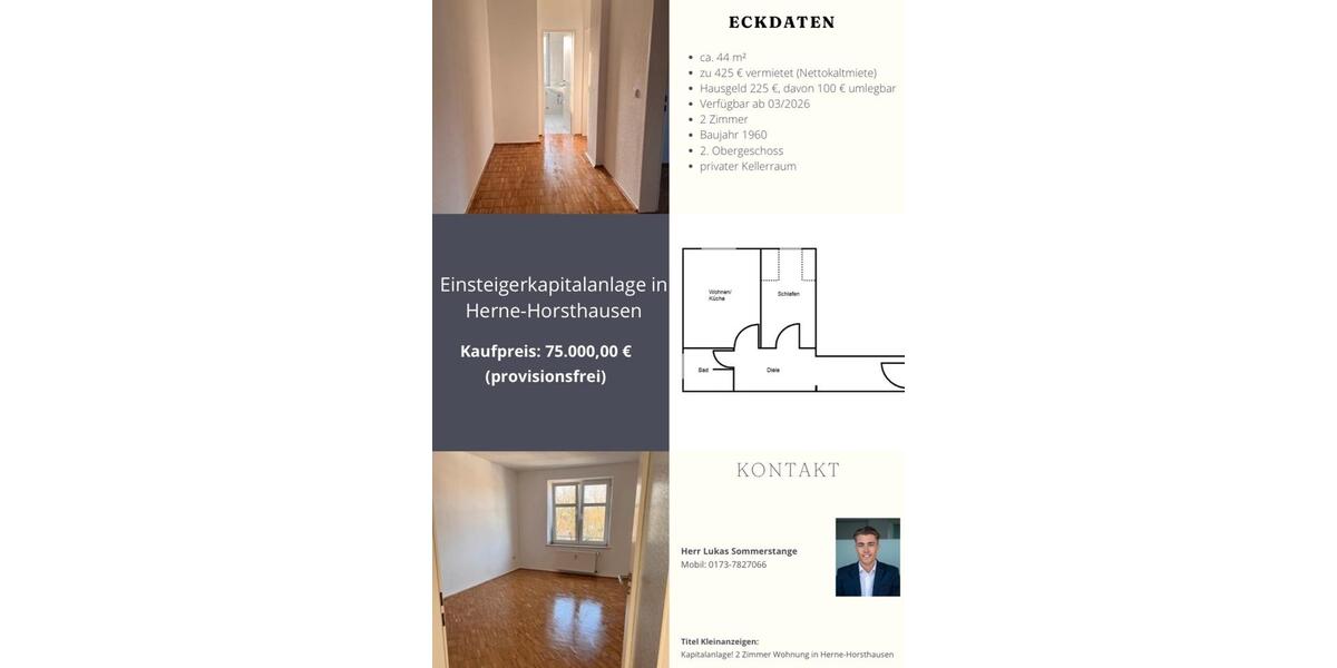 Etagenwohnung Herne Sodingen - 2 Zimmer, 45 m&sup2;, 75.000&euro; | Angebot:26865111